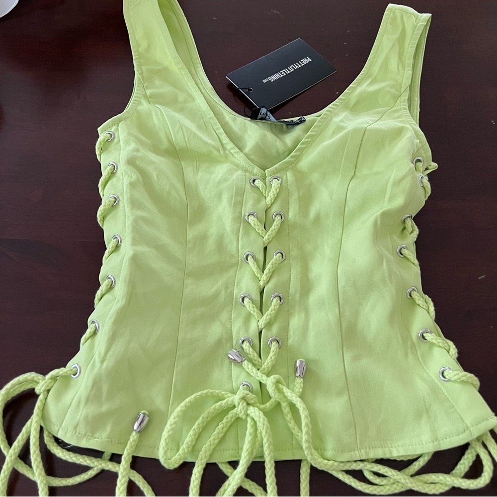 Bright Lime Green Woven Lace Up Detail Plunge Sleeveless Sexy Top size 4 NWT - Picture 5 of 11